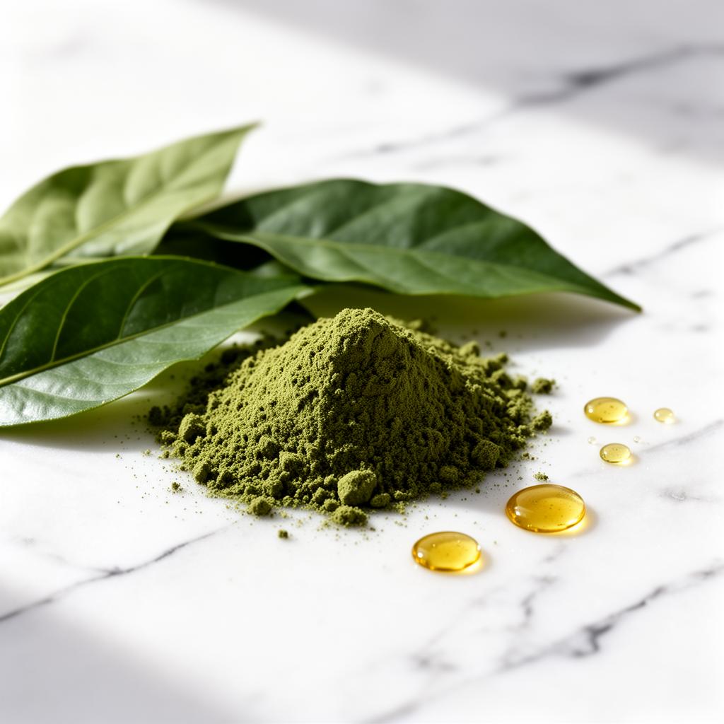 Frische Kratom-Blätter und Pulver auf Marmor